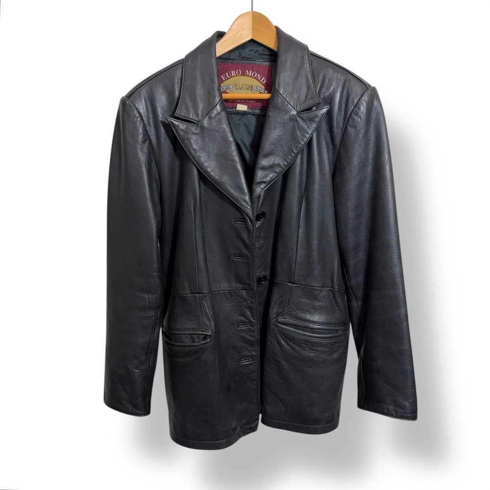 Euro Mond Womens Black Leather Blazer Jacket Single Breasted Button Up